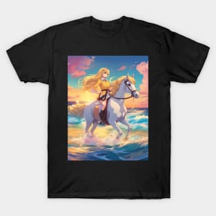 Anime Princess Cute Girl with White Horse collorful T-Shirt